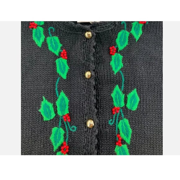 Vintage Bechamel Sweater Womens Sz L Christmas Cardigan Black green red long slv - Picture 4 of 15